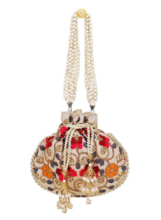Anekaant Faux Silk Cream Colour Embroidered Potli - Image 5